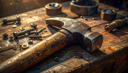 Rusty hammer and assorted tools on a wooden workbench