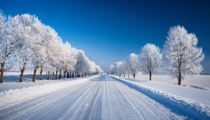Fototapeta premium Snow Covered Road Lined With Frosted Trees Under A Clear Blue Sky