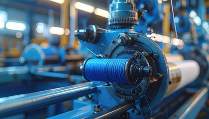 Industrial blue thread spool on a textile machine