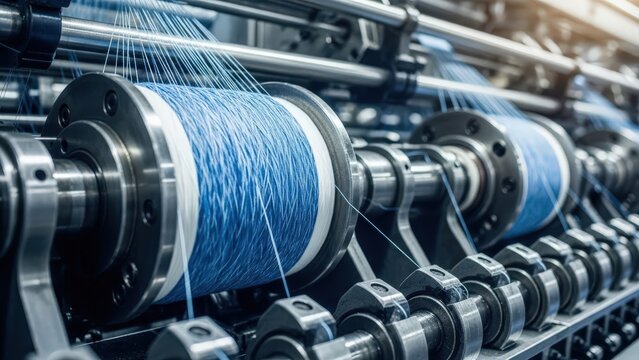 Industrial textile machinery with blue thread spools
