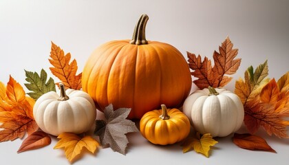 Colorful Autumn Harvest Display Featuring Pumpkins And Leaves Arranged Creatively On A Light Background