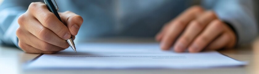 Close-up, shallow depth of field shot of hands signing a document with a pen. Contract, Signing, Agreement