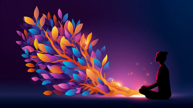 Visualizing impact of self-reflection and mindfulness on mental health, faceless person sitting in meditation with abstract tree extending upward, each leaf representing mindful th