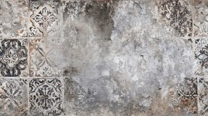 Canvas backdrop featuring Islamic designs with vintage floor patterns of old gray brown rusty patchwork tiles against a textured stone wall