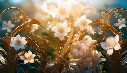 Beautiful Art Nouveau With Art Abstract Floral Gloden Natural Background With Flowers And Plants In Bloom