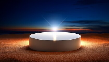 Illuminated Cylinder Pedestal On A Sandy Surface