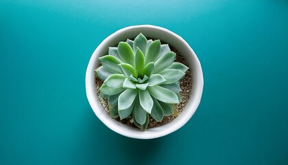 A Vibrant Green Succulent Plant Thrives In A Modern White Ceramic Pot On A Teal Surface