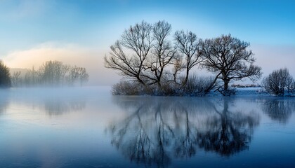 Misty Landscape Featuring Bare Trees Emerging From A Frozen Lake With Reflections And Fog Creating An Ethereal Atmosphere