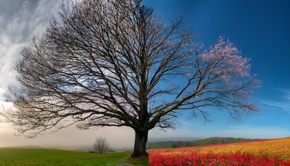 Contrast Between A Bare Lifeless Tree And A Vibrant Flourishing Tree Captures The Stark Change Of Seasons And The Beauty Of Nature S Cycles