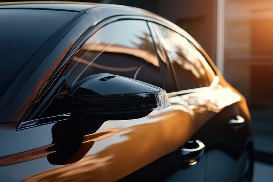 Master applies a tint film to car windows using a hairdryer and spatula amidst bright light Tinting concept