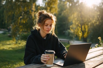 Young woman in black jacket sipping coffee and using laptop outdoors in a park Remote and digital work online learning