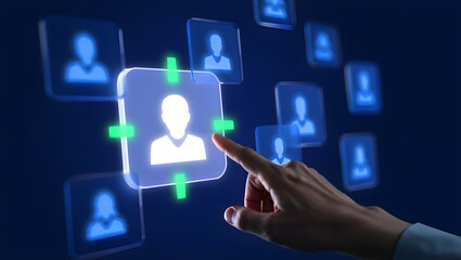 Targeting and personalization of customer communication. Marketing automation system. Marketer tapping a customer icon.