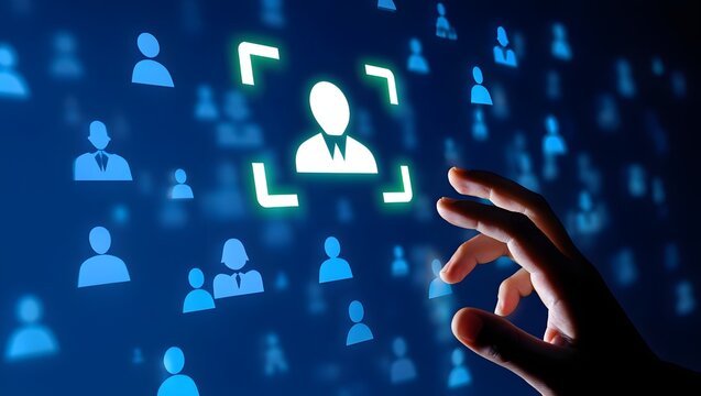 Targeting and personalization of customer communication. Marketing automation system. Marketer tapping a customer icon.