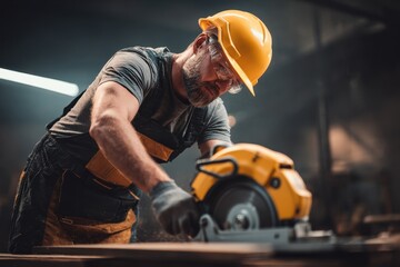 Portrait of a worker with an electric saw in a DIY workshop emphasizing manual labor and industrial skills