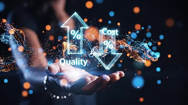 Digital infographic showing quality increasing and cost decreasing with glowing arrows held by a person in a dark background 4k video 