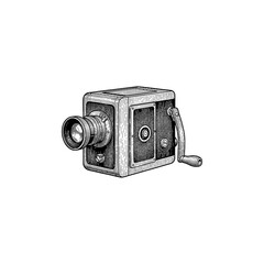 Vintage hand crank film camera engraving.