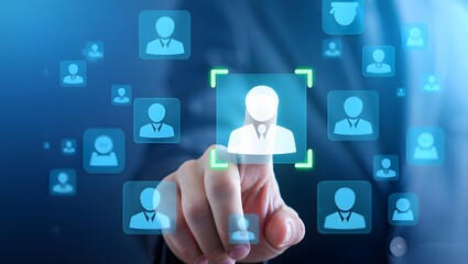 Targeting and personalization of customer communication. Marketing automation system. Marketer tapping a customer icon.