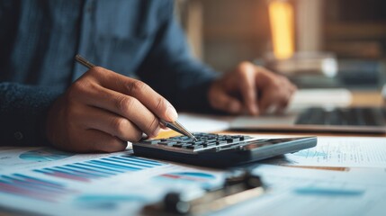 Accountant at computer with graph businessman at desk using calculator for financial calculations