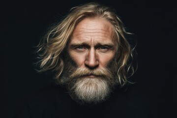Fototapeta premium Portrait of an attractive older man with a beard and blond hair against a dark backdrop