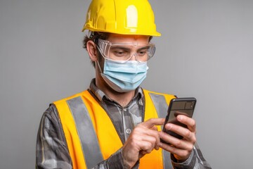 Portrait of a young engineer in a mask using a smartphone equipped with construction safety gear against a grey backdrop