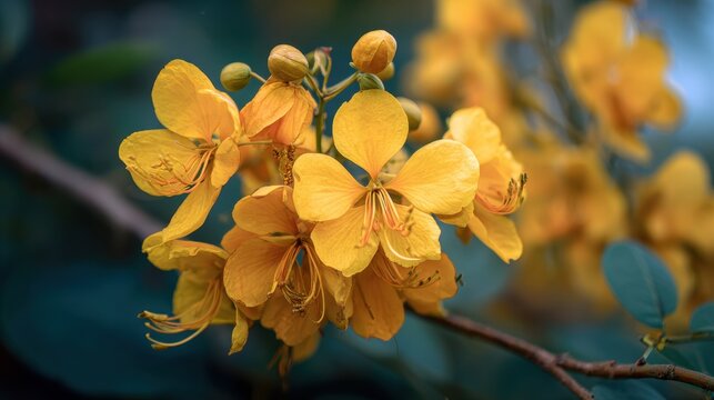 Image of vibrant yellow Cassia fistula flowers called Kanni Konna in South India