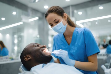 Young female dentist performing root canal procedures at a clinic An African American man with poor dental health is reclined in the chair with his mouth open