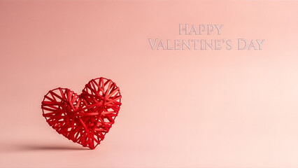 A simple and elegant greeting card design for February 14th featuring a crafted red wool heart symbol and festive lettering isolated on a clean pink background with copy space for romantic text.