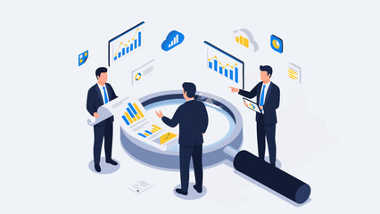 Business Data Analysis Vector Illustration with Magnifying Glass and Charts