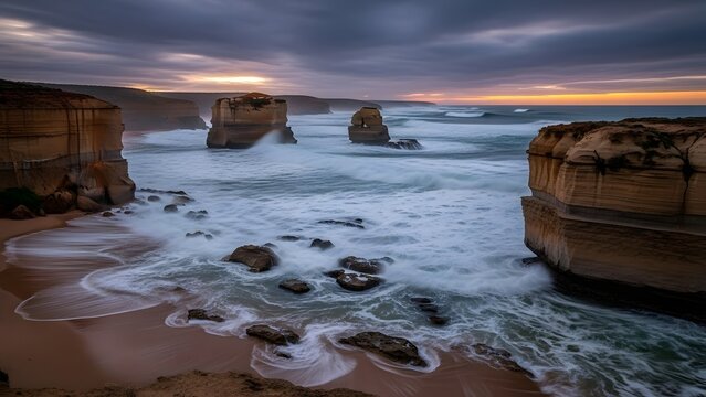 Waves crashing against limestone cliffs at dusk on a rugged coastline with rocky shoreline and dramatic sky - Powered by Adobe