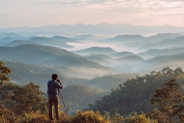 Fototapeta premium Photographer captures a scenic view of Earth Day and environmental travel featuring a tropical forest and misty mountain layers