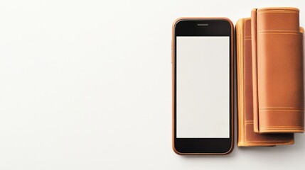 Smartphone beside vintage books on a white background, symbolizing modern vs. traditional knowledge, Mobile learning, Old and new, Technology, Books