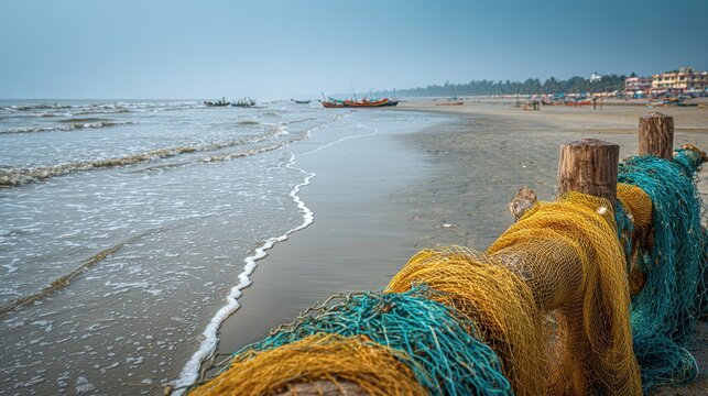 Digha a coastal town in West Bengal India features fishing nets on its beach as of April 29 2025