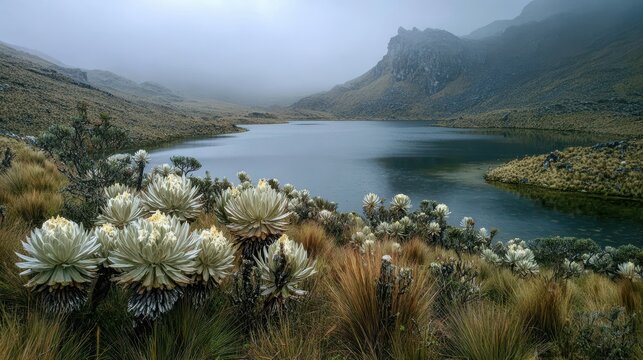 Colombian highland ecosystem featuring misty mountains and a stunning lake edged by espeletia