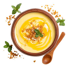 Creamy yellow dessert in a brown bowl sweet treat delicious food isolated on transparent background.