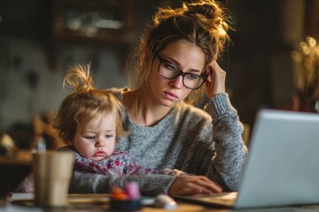 Remote working while caring for a toddler Young mom balancing laptop duties and childcare Stressed mother juggling tasks