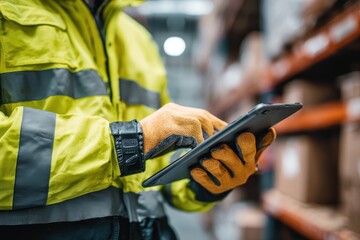 A person in a bright jacket and gloves reviews inventory on a tablet in a warehouse Logistics management safety