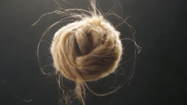 Yarn Ball in Mid-Air: A meticulously crafted ball of yarn floats suspended, a testament to the tactile beauty of craftmanship. Its texture and form embody creativity and the art of textile production.