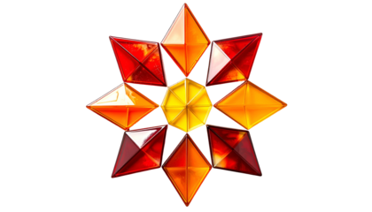 A vibrant, geometric design resembling a starburst. The artwork features multi-faceted shapes in warm colors against a dark background