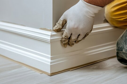 Close up of a skilled worker in gloves attaching a floor plinth to a wall corner
