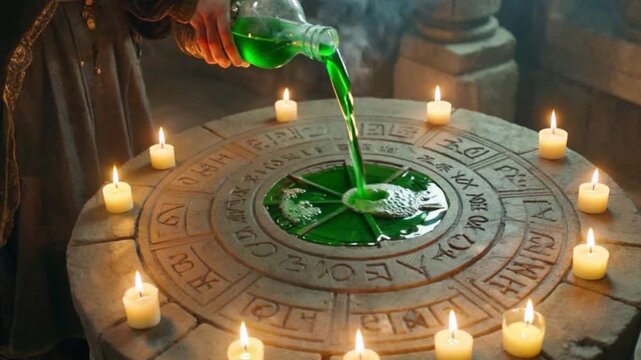 Mystery Potion Pouring: The scene is set with an alchemist carefully pouring a vibrant green potion into a stone basin, illuminated by the soft glow of encircling candles.