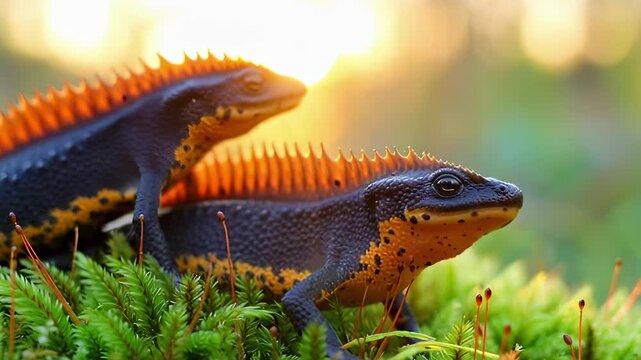 Two lizards with orange spines rest on vibrant green moss. The scene is illuminated by soft sunlight, highlighting the lizards' unique features and texture.