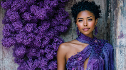 elegant moroccan woman in violet gown at tibetan temple, luxury fashion portrait beside blooming rhododendrons, cultural beauty in silk couture at mountain monastery