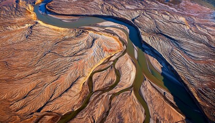 aerial view of meandering river forming abstract patterns in arid landscape useful for geology nature or abstract art