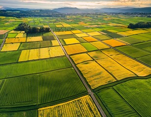 an aerial view of a patchwork of green and yellow fields divided into neat squares