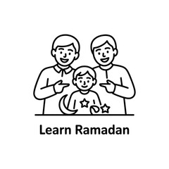 Happy family learning about ramadan with crescent moon and stars