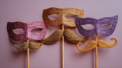 Collection of shiny masks and stick mustaches ideal for festive events Joyful Purim carnival decor idea Blank area for text High resolution image