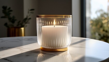 frosted glass candle holder with gold rim on marble surface in soft natural sunlight