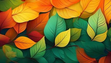 gradient pattern of colorful leaves from green to yellow and orange arranged in seamless nature inspired banner