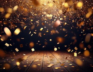 golden confetti falling on dark floor celebration background event invitation design