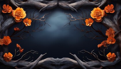gothic dark fantasy background framed with dry branches and orange flowers dried